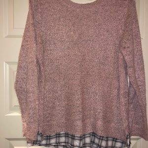 Pink sweater with plaid underlay
